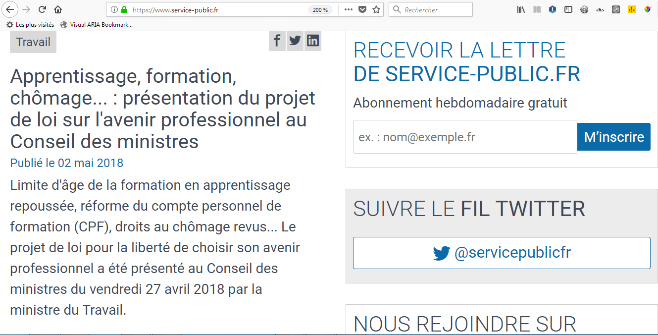 Copie écran : sur le site service-public.fr, l'ensemble des textes de la page reste lisible lorsque la taille des caractères est augmentée à 200% au moins