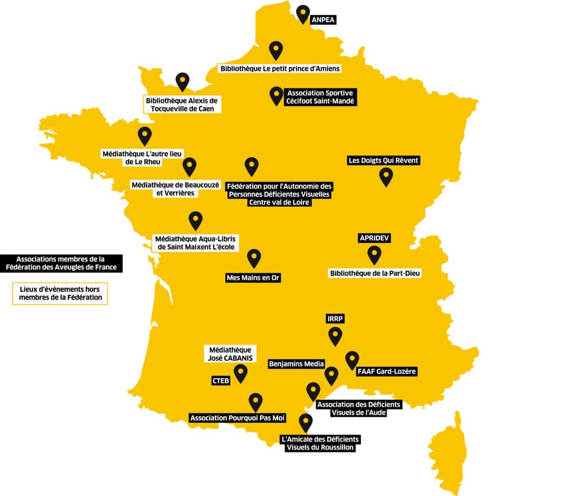 Carte de France des lieux d'événements du 24h Braille, ainsi que des des associations participantes.