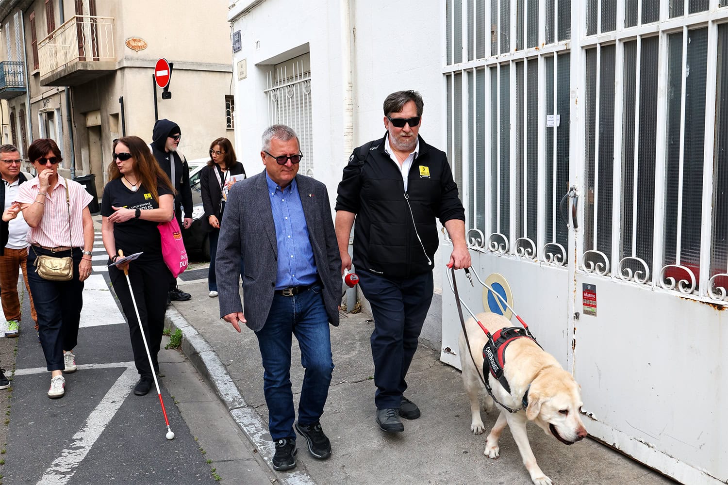 Plusieurs personnes marchent dans la rue. Au premier plan, deux hommes avec des lunettes de soleil. La personne à droite est accompagné d'un chien-guide d'aveugle. Derrière, plusieurs personnes ont aussi des cannes blanches.
