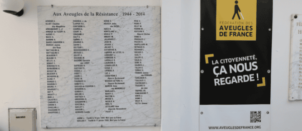 Photo de la plaque commémorative dédiée aux aveugles de la résistance. À côté, un kakemono aux couleurs de la Fédération des Aveugles de France est affiché.